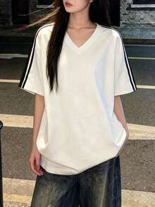 春夏棉质撞色条纹V领T恤，宽松日常休闲美式风格 - 白色 - 查看 4