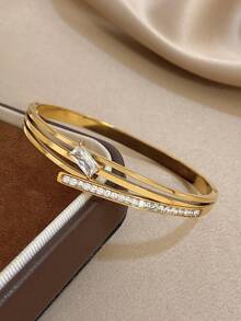 1 pièce Bracelet en acier inoxydable plaqué or 18K, forme demi-vague incrustée de zircone, bracelet pour filles, bijoux en acier inoxydable, bijoux de designer, convient pour le port quotidien/fête, accessoires d'été, accessoires de plage pour filles, Pâques, cadeaux pour la fête des mères, cadeaux d'anniversaire, cadeaux pour petite amie, bijoux bohèmes - Multicolore - Voir 5