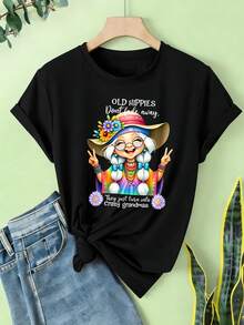 Stylish Women's T-Shirts, Cute And Elegant Colorful Short-Sleeved Soft Graphic Design Fashion Clothing, Casual Round Neck Stretch Fabric, Spring/Summer Fashion Top,  Graphic Statement T-Shirt, Comfortable Fit T-Shirt, Easter/Mother's Day - 黑色 - 查看 1