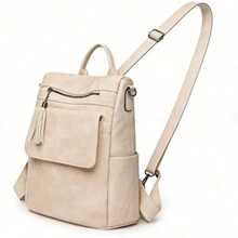 Sac à dos rétro en PU avec détails en pompon, grand espace de rangement et design respirant, poche zippée pour étudiants, professionnels et voyageurs - blanc cassé - Voir 6