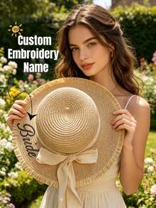 Customized Straw Hat With Embroidered Name, Summer Sun Protection Hat, Fashion Hat, Couples Hat, Unique Summer Style, Handmade Embroidery, Tight And Neat Stitching, Vibrant Colors, One-Of-A-Kind Embroidered Hat, Durable Straw Hat, Convenient To Carry, Suitable For Travel, Sun Protection, Singles Party Gift, Birthday Gift, Valentine's Day Gift - Multicolor - View 1