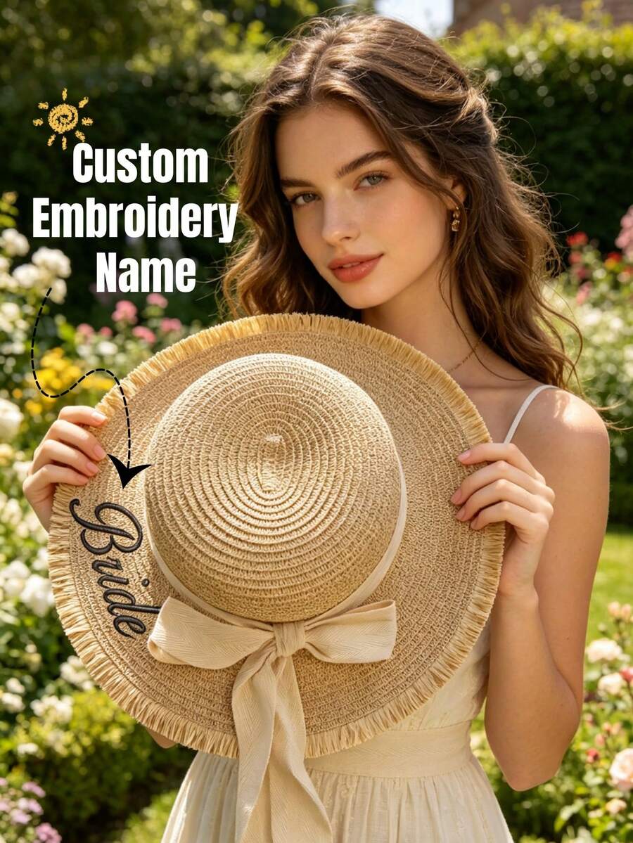 Customized Straw Hat With Embroidered Name, Summer Sun Protection Hat, Fashion Hat, Couples Hat, Unique Summer Style, Handmade Embroidery, Tight And Neat Stitching, Vibrant Colors, One-Of-A-Kind Embroidered Hat, Durable Straw Hat, Convenient To Carry, Suitable For Travel, Sun Protection, Singles Party Gift, Birthday Gift, Valentine's Day Gift - Multicolor - View 1