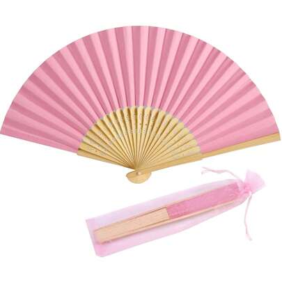 Pink Bamboo Folding Hand Fan Set, Includes Organza Gift Bag And Thank You Card, Suitable As Bridesmaid Proposal Gift, Wedding Party Favor, Bridal Shower, Summer Outdoor Beach Cooling Accessory