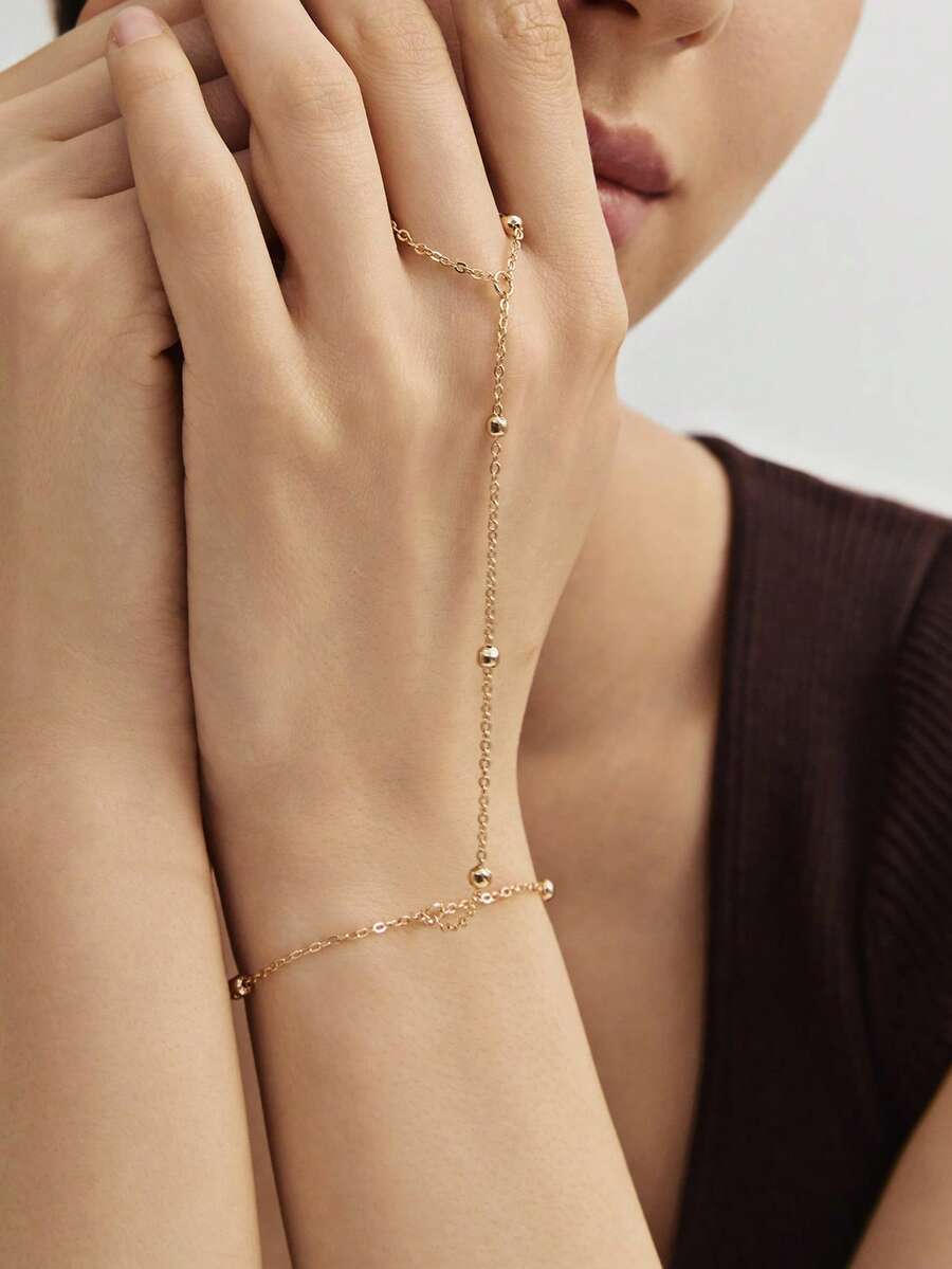 1pc Fashion Pearl Chain Finger Ring, Delicate Bracelet Suitable For Daily Wear By Women (Random Bead Count) - Gold - View 1