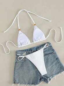 Conjunto de bikini para mujer, traje de baño de 2 piezas de unicolor, top triangular de cuello halter con tanga de pierna alta, ropa de playa sexy para verano, traje de baño de vacaciones para damas en color blanco - Blanco - Ver 4
