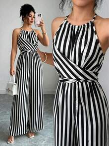 Women's Printed Fabric Waist Jumpsuit, Elegant For Holiday And Everyday Wear With Backless Neckline Summer - Multicolor - View 11