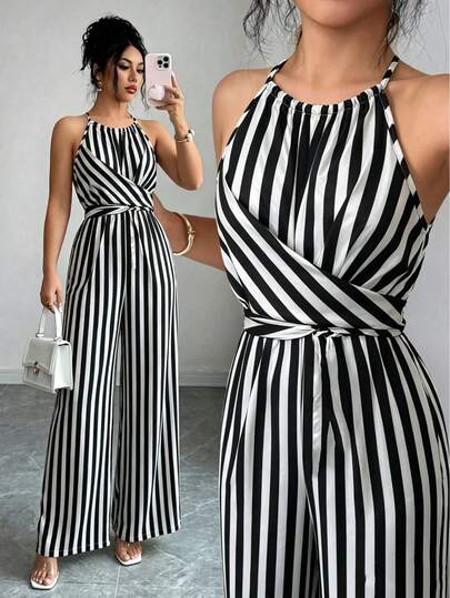 Women's Printed Fabric Waist Jumpsuit, Elegant For Holiday And Everyday Wear With Backless Neckline Summer