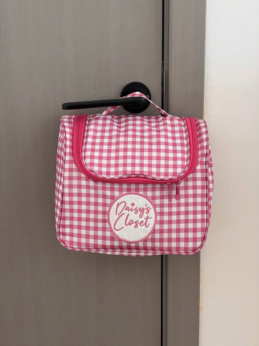 Large Capacity Sweet & Cool Pink & White Plaid Embroidered Handheld Cosmetic Bag, Travel Toiletry Storage Organizer - Multicolor - View 1