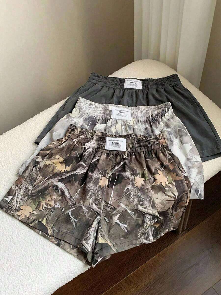 Set de 3 shorts casuales con estampado de lunares, estampado de leopardo claro y estampado de leopardo marrón oscuro, de tela tejida, adecuados para uso diario, set de shorts con estampado de camuflaje, adecuados para el uso diario, citas, fiestas, otoño/invierno/verano, Navidad, Año Nuevo, Acción de Gracias, fiestas, bodas, playa, ceremonias de graduación, moda, elegante, casual, salidas, citas, reservas, viajes, brillante, Día de San Valentín, elegante, vacaciones, casual, Y2K, salidas, ceremonias de graduación y otras ocasiones. - Gris Oscuro - Ver 1
