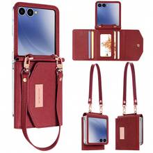 VIETAO Ốp điện thoại giả da có dây đeo và khe đựng thẻ, tương thích với Samsung Galaxy Z Flip 3 4 5 6 7, vỏ bảo vệ điện thoại thời trang có dây đeo tay Flip3 Flip4 Flip5 Flip6 - Đỏ - Xem 7