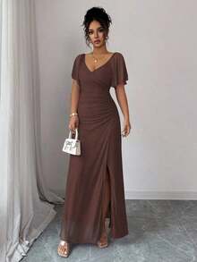 Elenzya Vestido morado claro con cuello en V, mangas con volantes, cintura plisada y abertura, vestido elegante de dama de honor, vestido de fiesta, primavera/verano - Marrón - Ver 6
