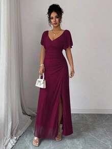 Elenzya Vestido morado claro con cuello en V, mangas con volantes, cintura plisada y abertura, vestido elegante de dama de honor, vestido de fiesta, primavera/verano - Burdeos - Ver 4