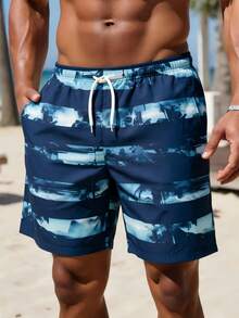 Shorts de playa a rayas azules para hombres, estilo hawaiano - Azul - Ver 3