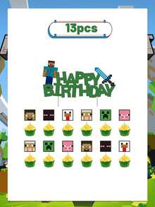 Minecraft 我的世界主题生日派对用品套装，包含生日快乐横幅、一次性纸盘、纸杯和餐巾纸，以及像素风我的世界主题派对装饰品，适合生日派对、游戏派对等场合，一次性餐具，易于组装和清洗，适合室内外派对，是我的世界粉丝的绝佳礼物。 - 多款多色 - 查看 6