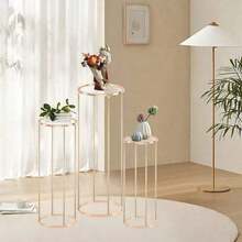 1PC/3PCS Golden Metal Cylinder Pedestal Stands With Acrylic Plates – Elegant Round Display Columns Party Decor, Vases, And Home Accents – Birthday, Wedding, Or Event Backdrops, Wedding Decor Platforms| Contemporary Design| Acrylic Top Plate, Decorative Objects - Gold - View 3