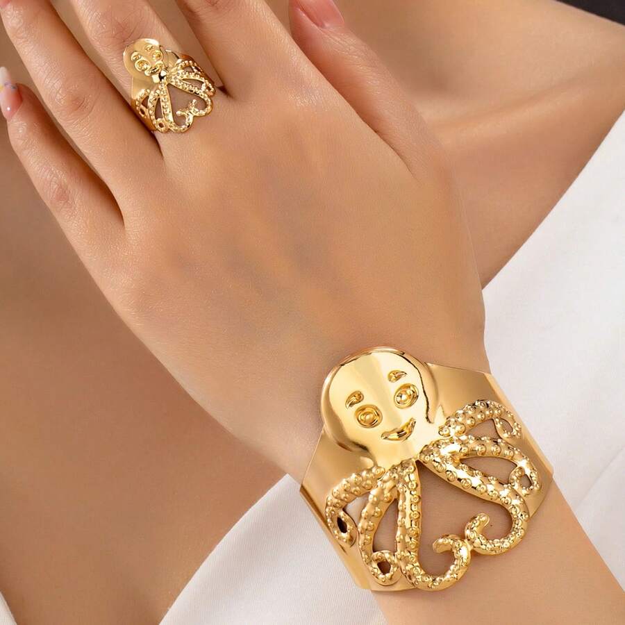 Set de 2 piezas de brazalete y anillo con elemento de océano personalizado y de estilo exagerado - Conjunto de pulsera y anillo de pulpo - Ver 1