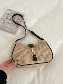 1 chiếc túi đeo vai bằng rơm màu be với viền da PU đen và khóa vàng, khóa kéo, phong cách mùa hè năng động, thích hợp đi biển. - màu đen - Xem 5