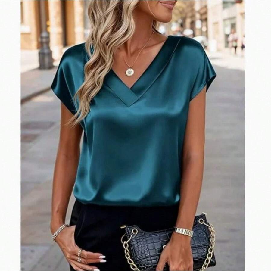 Nuevas Blusas de Moda de Verano para Mujer, Casuales, Sólidas, Elegantes, con Cuello en V, Manga Corta, Camisas Modernas, Simples, Holgadas, Top de Satén para Mujer - estilo4 - Ver 1
