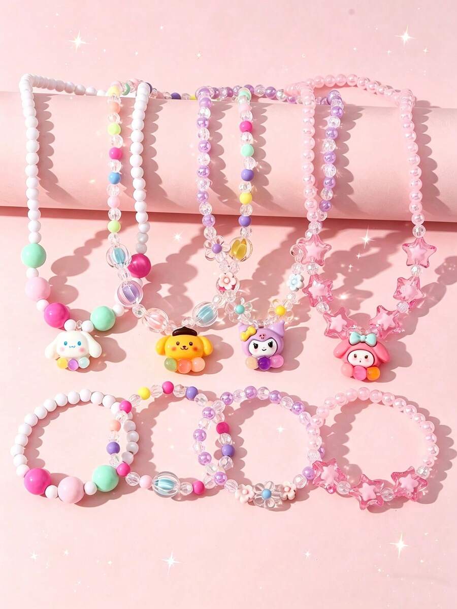 Set de 8 piezas de pulsera con cuentas y colgantes de conejo y perro en estilo lindo, con cuentas de colores adecuadas para uso diario, festivales y fiestas de cumpleaños de niñas - Multicolor - Ver 1