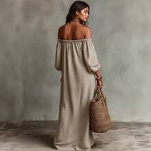 Triped Linen-Blend Maxi Dress, Off Shoulder Puff Sleeve Loose Fit, Casual Boho Vacation Sundress - 粉紅色 - 查看 4