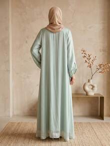 Hafizah Middle Eastern Modest Women Abaya Dress, Dubai Outerwear Cardigan Robe, Shiny Fabric, - Mint Green - View 3