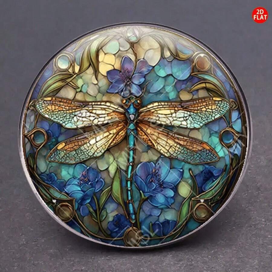 1枚2D平面设计蜻蜓蓝花胸针，独特2D平面设计翻领别针，可用作服装、背包、衣领的独特徽章