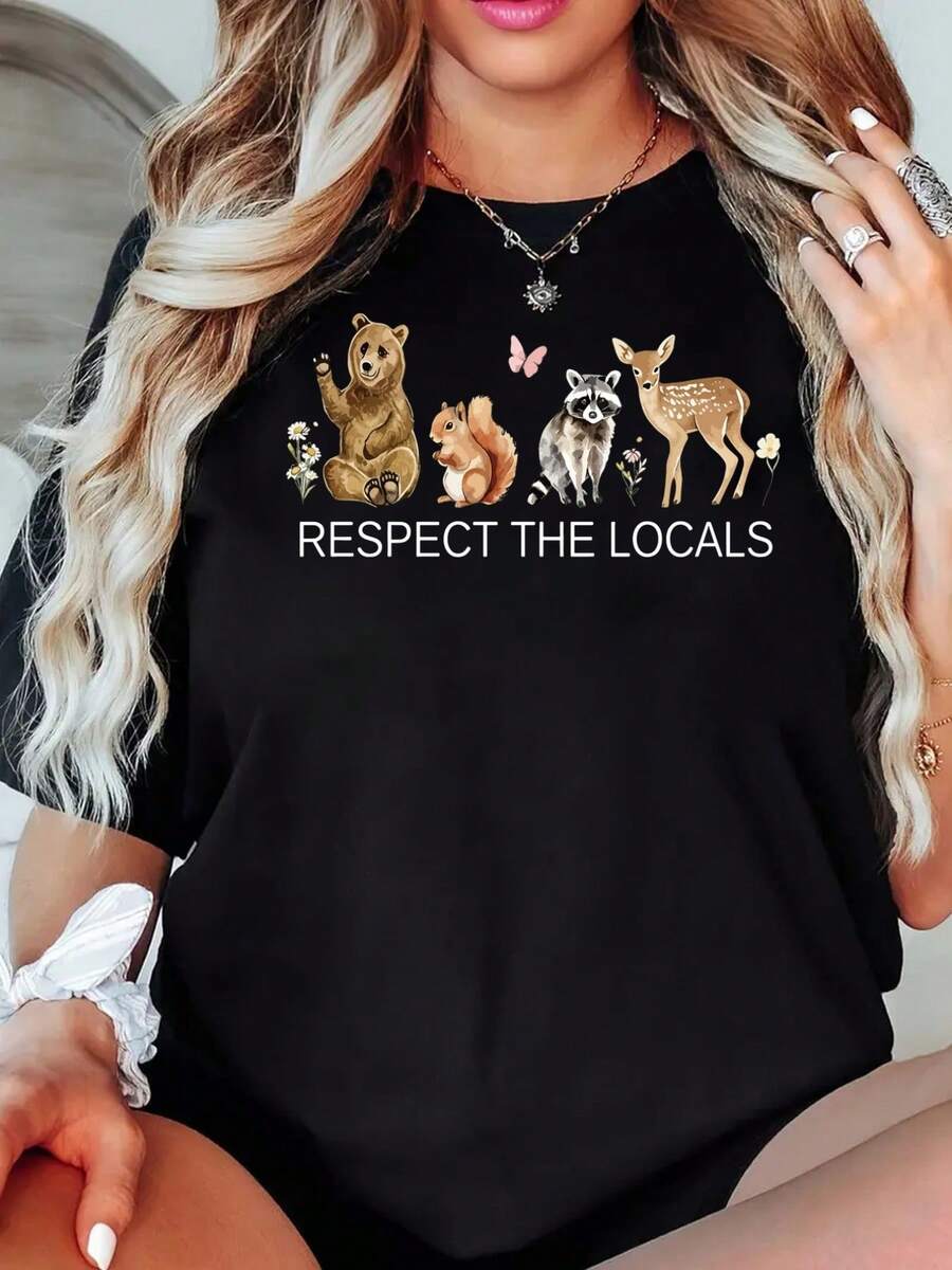 Women's Short Sleeve, Respect The Locals, Forest Animalsprinted Tshirt, Casual Black Crew Neck Tshirt, Stretch Polyester Blend, Machine Washable, Suitable For Springsummerfall SportAthleisure - 黑色 - 查看 1