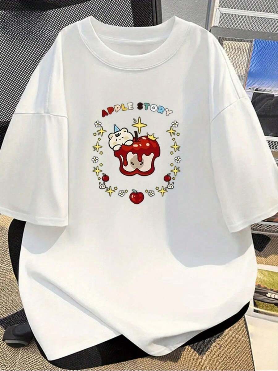 Camiseta gráfica Y2K de mujer | Red Apple & "Apple Tory" Impresión, Camiseta de manga corta de ajuste suelto, camiseta cotidiana casual de toda la temporada para mujeres