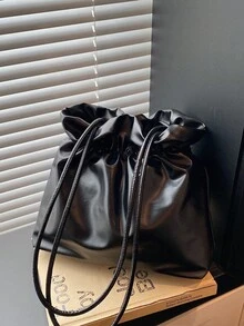 Chic Ruched Bucket Bag, Faux Leather Drawstring Shoulder Purse, Elegant Minimalist Hobo Bag For Work & Dating - Black - View 6