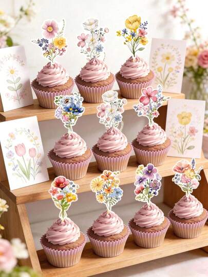 1/18/36pcs Wild Flower Shaped Cupcake Toppers, Floral Theme Cupcake Decorations, Suitable For Baby Shower, Birthday Party, Gender Reveal Party, Floral Theme Party Supplies