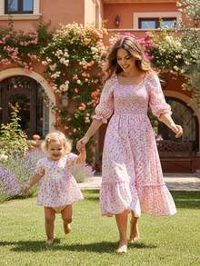 Bohemian women's floral off shoulder long skirt with ruffled edges - paired with family clothing - summer floral layered dress - Rosa - Ver 6
