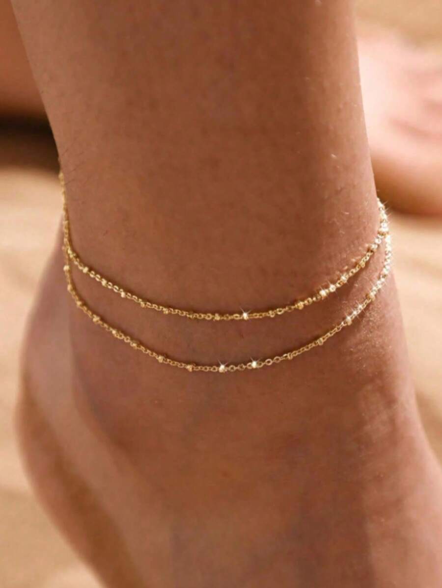 1 Stück minimalistischer wasserdichter Edelstahl-Perlen-Fußkettchen, Legierung mit Anti-Oxidationsschicht, romantisches Geschenk für Freundin, geeignet für Strand, Party, Schwimmen, tägliches Tragen - Dreibeiniger goldener Fußkettchen - Übersicht 1