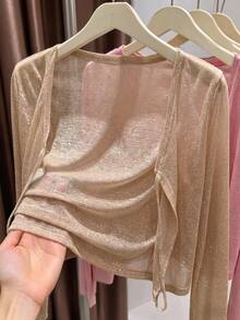 春夏度假海滩优雅休闲纯色亮面长袖系带V领女式开衫，适合音乐节、度假、约会、通勤、下午茶、夜店等场合。 - 杏色 - 查看 9