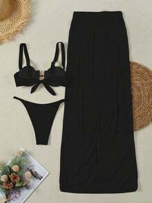 Nuevo conjunto de bikini con falda de cobertura para mujer, decoración de sol de metal, sexy, para verano y playa, color negro - Negro - Ver 6