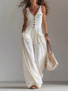 Sleeveless Wide-Leg Jumpsuit For Women In A Workwear Style |     A Relaxed And Casual Vibe, Suitable For Vacation Outings And Light Leisure Gatherings - trắng - Xem 8