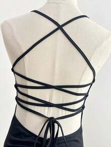 Vestido elegante de unicolor y sexy con espalda descubierta y abertura alta, para fiestas y eventos casuales de verano en color negro - Negro - Ver 11