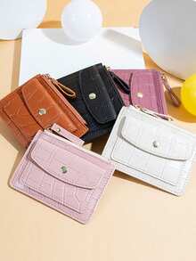 Candy Color Crocodile Grain Card Holder, Short Stone Texture Coin Purse, Multi-Function Zipper Coin Case, Card Holder & Coin Pouch Wallet Wallet For Women Holiday Essentials Teacher Gift Birthday Gift - Multicolor - View 3