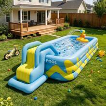 Large Family Inflatable Pool, 3-Layer Thickened Rectangular Blow Up Pool For Kids Toddlers Adults, Durable PVC Swimming Pool For Backyard Summer Water Fun, Outdoor Garden Patio Water Play, Blue  - A - View 5
