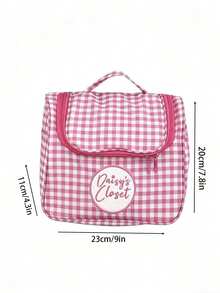 Large Capacity Sweet & Cool Pink & White Plaid Embroidered Handheld Cosmetic Bag, Travel Toiletry Storage Organizer - Multicolor - View 2