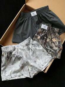 Set de 3 shorts casuales con estampado de lunares, estampado de leopardo claro y estampado de leopardo marrón oscuro, de tela tejida, adecuados para uso diario, set de shorts con estampado de camuflaje, adecuados para el uso diario, citas, fiestas, otoño/invierno/verano, Navidad, Año Nuevo, Acción de Gracias, fiestas, bodas, playa, ceremonias de graduación, moda, elegante, casual, salidas, citas, reservas, viajes, brillante, Día de San Valentín, elegante, vacaciones, casual, Y2K, salidas, ceremonias de graduación y otras ocasiones. - Gris Oscuro - Ver 6
