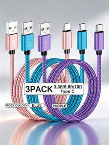 3条装 USB-A 转 USB-C 快速充电数据线 [1米/2米/3米] 尼龙编织 Type-C 同步线。兼容三星 Galaxy A14 5G/A13/A54/A53/A23/A24/A03s/S23/S22 Ultra/S21/S20；也兼容 16/15 系列和各种安卓智能手机。适用于 Type-C 充电器。 - 彩色 - 查看 1