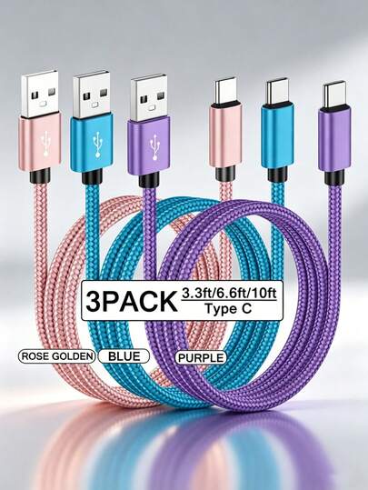 3pcs USB-A To USB-C Fast Charging Data Cable [1m/2m/3 Meters] Nylon Braided Type-C Sync Cable. Compatible With Samsung Galaxy A14 5G/A13/A54/A53/A23/A24/A03s/S23/S22 Ultra/S21/S20; Also Compatible With IPhone 16/15 Series And Various Android Smartphones. Suitable For Type-C Chargers.