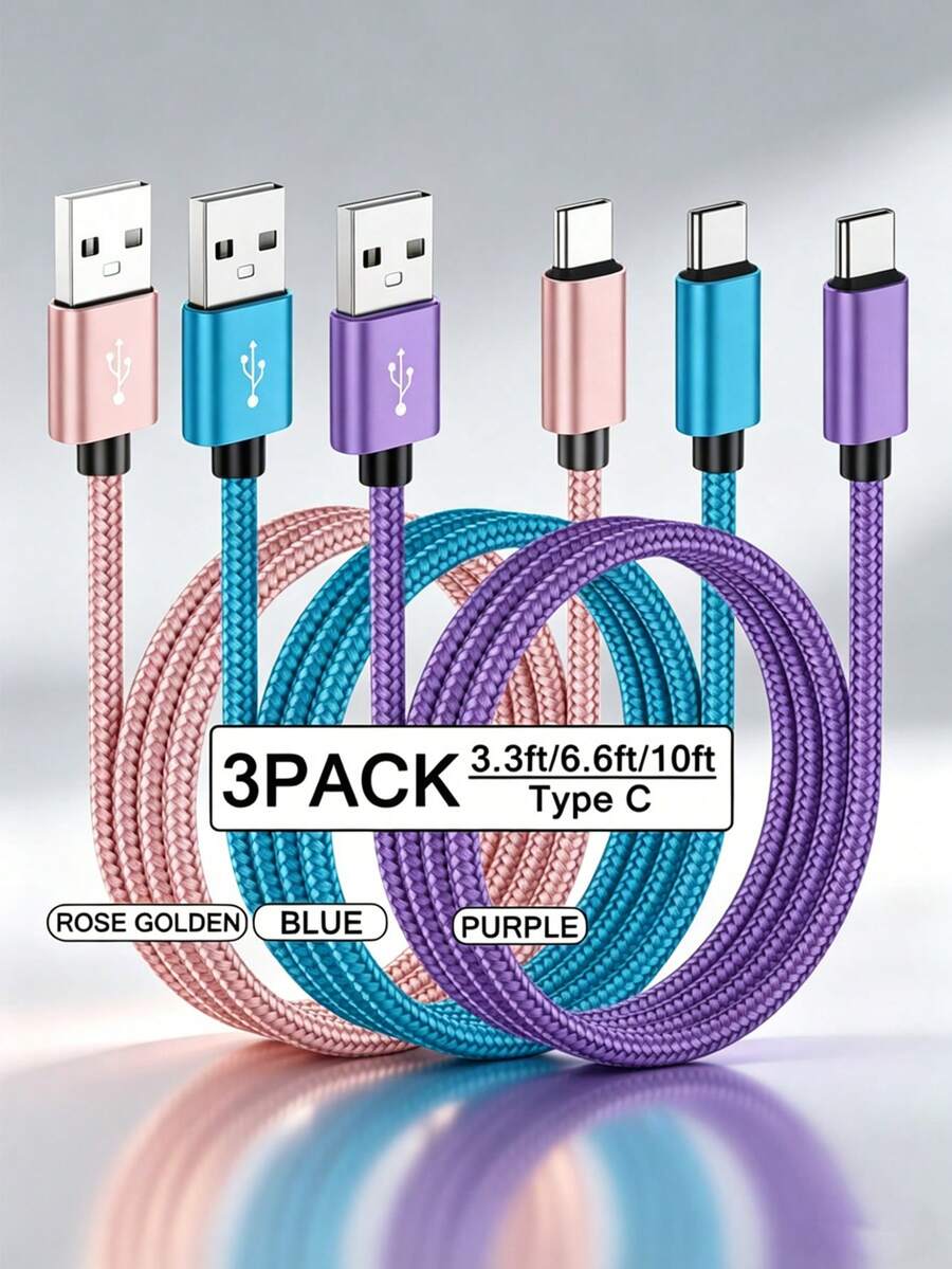 3条装 USB-A 转 USB-C 快速充电数据线 [1米/2米/3米] 尼龙编织 Type-C 同步线。兼容三星 Galaxy A14 5G/A13/A54/A53/A23/A24/A03s/S23/S22 Ultra/S21/S20；也兼容 16/15 系列和各种安卓智能手机。适用于 Type-C 充电器。 - 彩色 - 查看 1