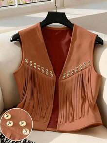 Chaleco sin mangas de gamuza sintética para mujer, color beige sólido, diseño abierto con flecos y tachuelas doradas, estilo bohemio y versátil, ideal para primavera y verano, uso diario, viajes, vacaciones, combinaciones con tops, vestidos y jeans - Óxido marrón - Ver 6