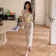 Influencer's Same Style Square-Neck Lace Dress With Rhinestone Embellishments, Elegant And Luxurious, Slimming Formal Gown - Off White - View 3