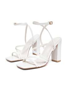 Sandalias de tacón alto grueso con elegante y suave diseño de tiras cruzadas, con hebilla ajustable, transmitiendo una vibra suave y grácil, adecuadas para ir al trabajo, citas, bodas y diversas ocasiones. - Blanco - Ver 6