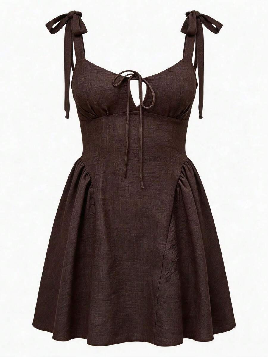 Women's Casual Sleeveless Mini Camisole Dress With Tie-Up And Knotted Back Design - Brown - View 1
