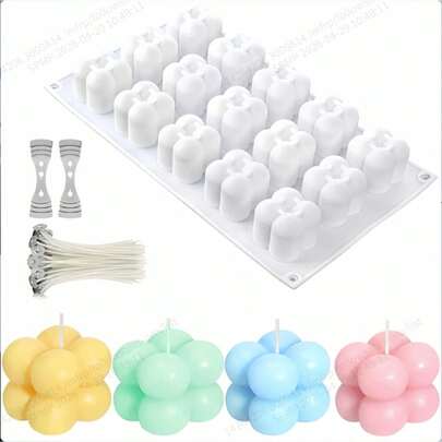 Bộ khuôn nến silicon hình bong bóng 15 ngăn, 50 bấc nến kèm hai giá đỡ bấc bằng thép không gỉ, dụng cụ làm nến thủ công tự chế, quà tặng trang trí nhà cửa sáng tạo cho người mới bắt đầu.