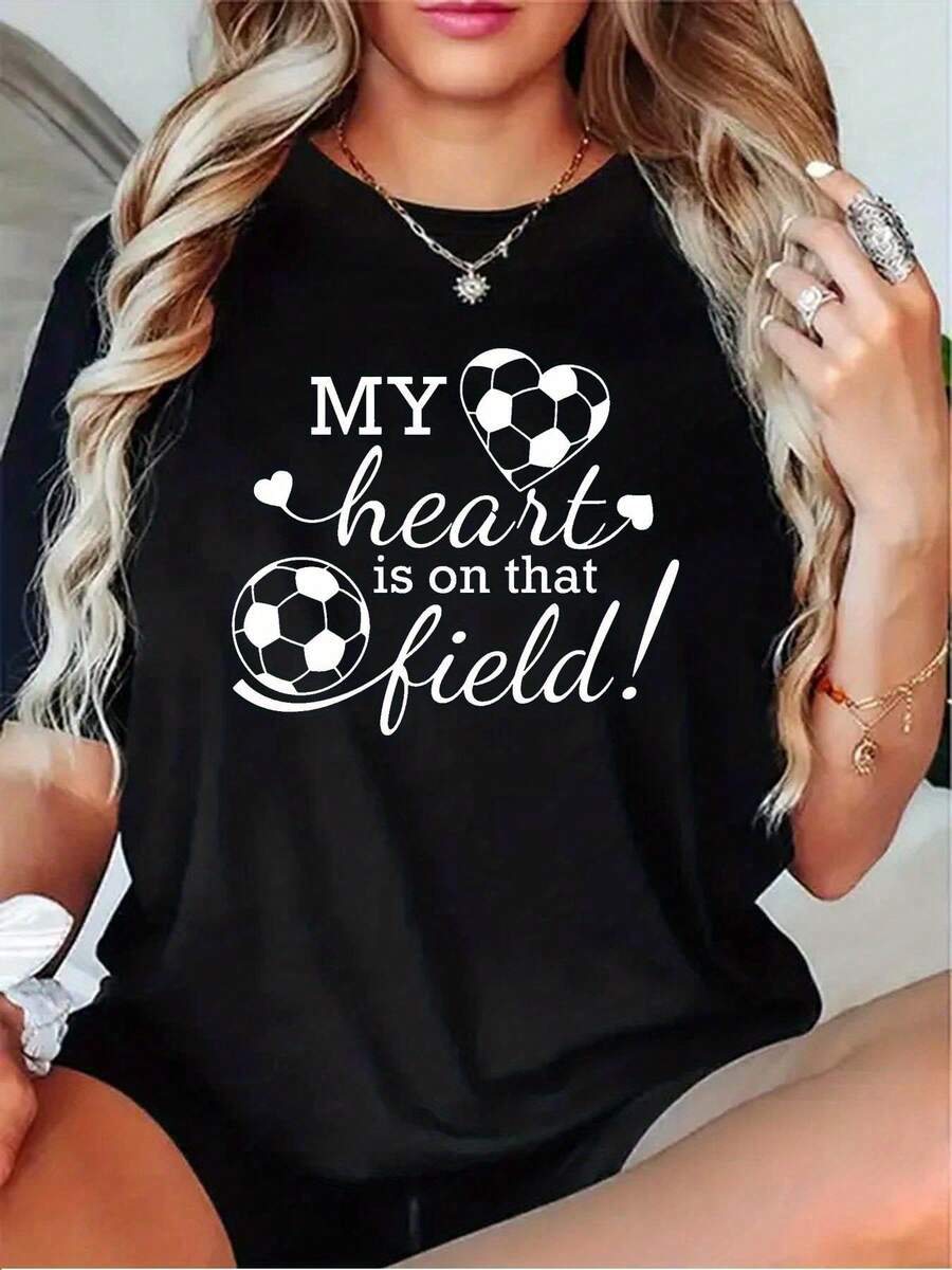 Women's Football Passion T-Shirt - Short Sleeve Crew Neck Casual Top With "My Heart Is On That Pitch!" Slogan - Black, Grey, White, Dark, Red - All Season ForGames & Casual Wear - 黑色 - 查看 1