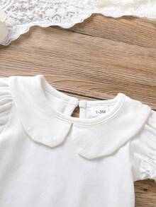 2件套女婴休闲可爱时尚连体衣，柔软舒适，简约纯色彼得潘领荷叶边连体衣，女婴服装，婴儿服，新生儿套装，适合日常穿着、派对、度假、拍照、户外活动 - 白色 - 查看 5